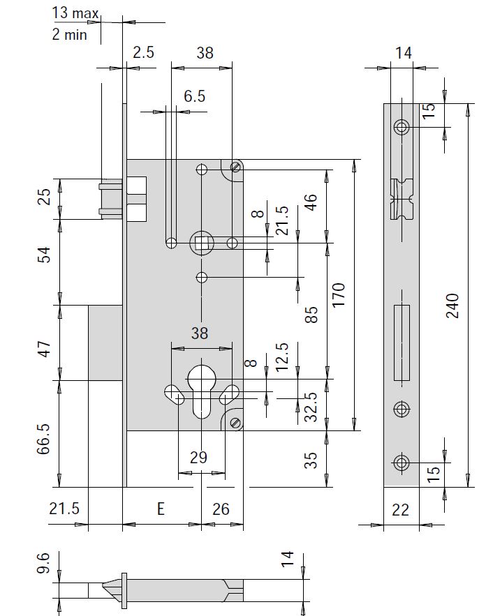 Замок врезной цилиндровый, 2 оборота, 1 плоский ригель, роликовая защелка CISA 5C120.60.0 