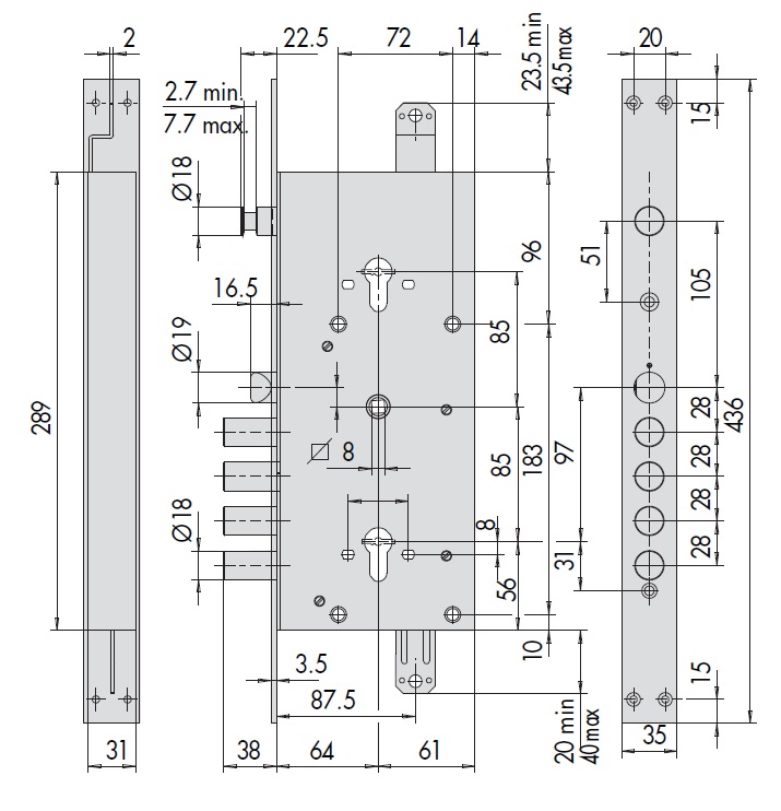 Замок врезной механический комбинированный, длинный ключ CISA 57986.48.A.00ZL.C5 