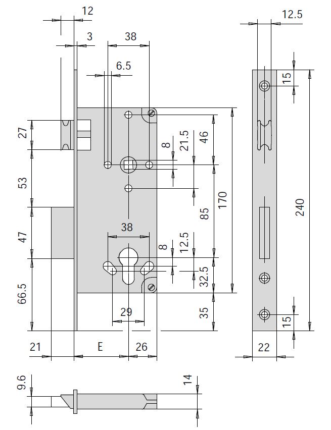 Замок врезной цилиндровый, 2 оборота, 1 плоский ригель, защелка CISA 5C611.40.0 